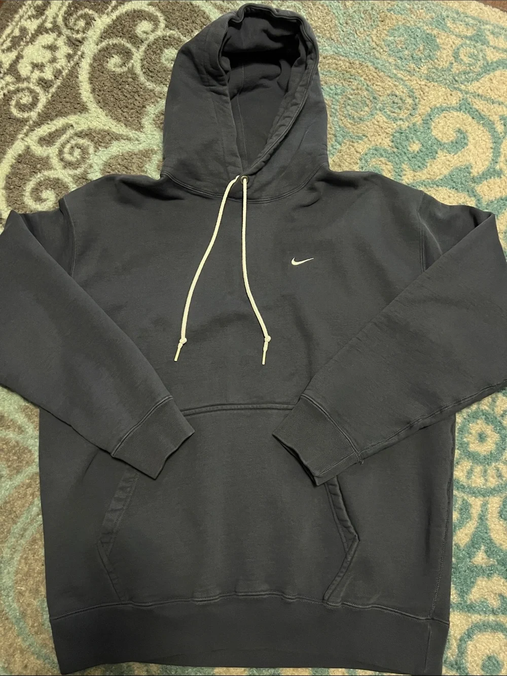 Men’s Nike Navy Blue Hoodie with White Swoosh and White Drawcords -Large Tall